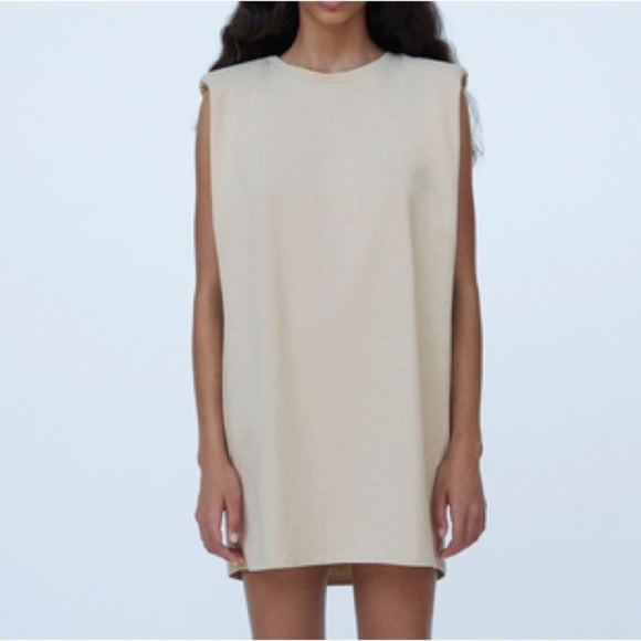 Zara Women S Stone Cotton Modern Minimalist Shoulder Pads Sleeveless Mini Dress - Picture 1 of 8